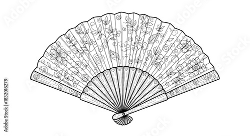 Elegant black and white hand fan illustration featuring floral and swirling design elements