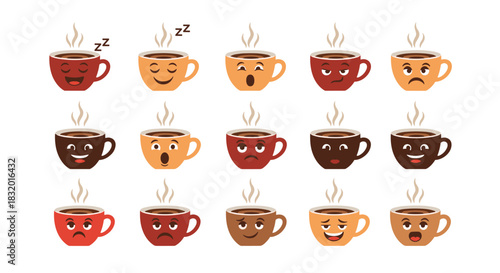 Cute collection of colorful coffee mug cartoon characters with various emoticons and funny faces for cafe menu designs.
