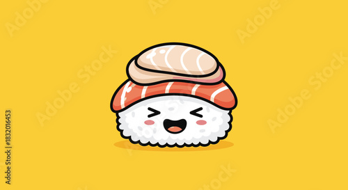 Happy kawaii sushi character with a smiling face and blushing cheeks on a bright and cheerful solid yellow background.