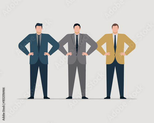 Three Confident Businessmen Standing with Hands on Hips in Suits Showcasing Professionalism and Teamwork