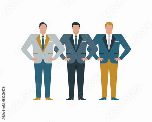 Three Confident Professionals Standing Side by Side, Hands on Hips, Displaying Diverse Color Palettes in Their Business Attire