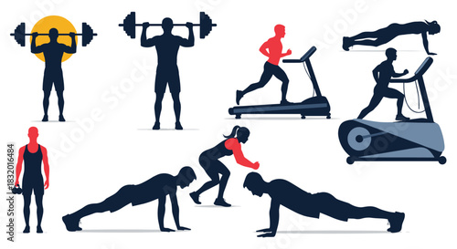 Collection of black and red silhouettes of athletic men and women exercising and working out in the gym for fitness concept.
