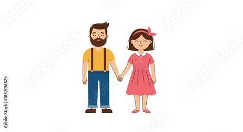 Cute cartoon illustration of a happy couple with a bearded man and a smiling girl holding hands together on a date.