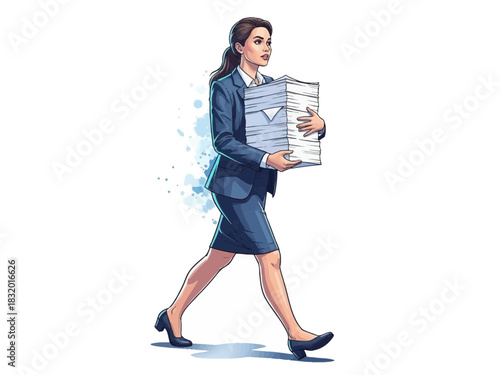 Businesswoman Carrying Stack of Documents with Determination.