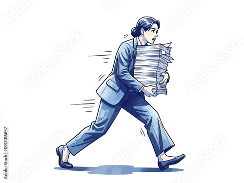 Businesswoman Rushing with Stack of Documents Illustration.