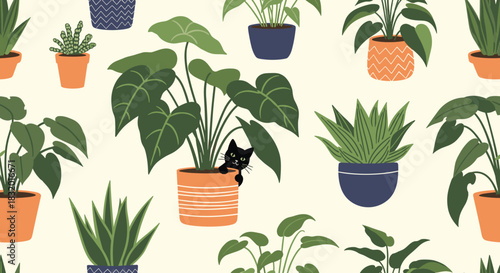 Seamless pattern with various green indoor house plants in cute pots and a playful black cat hiding behind one of them.
