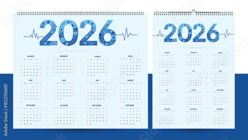 Clean medical-themed 2026 calendar with healthcare icons, heartbeat line, and modern layout
