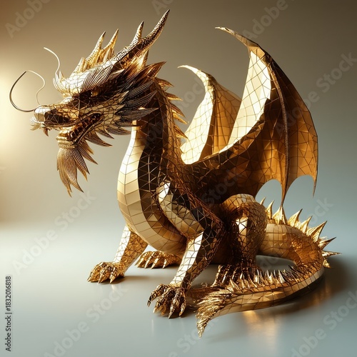 Golden Asian dragon 3D illustration symbol of power and prosperity