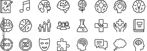 Comprehensive mental health and psychology line icon collection featuring brain concepts, therapy symbols, medical support, communication, emotions and behavioral wellness illustrations