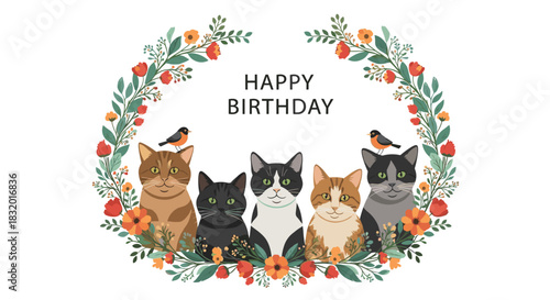 Happy birthday greeting card design with five cute cartoon cats sitting inside a beautiful decorative floral wreath frame.