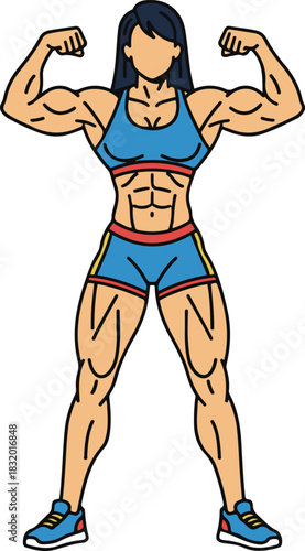 A strong, muscular cartoon woman in athletic wear, flexing her biceps and showcasing a well-defined physique.