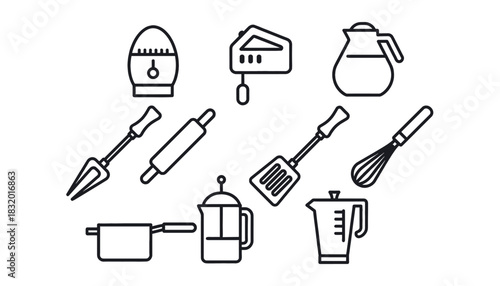 Set of Outline Icons Depicting Various Kitchen Appliances, Cookware, and Utensils, Including Whisk, Rolling Pin, Hand Mixer, French Press, and Measuring Jug, Isolated Vector Illustration.