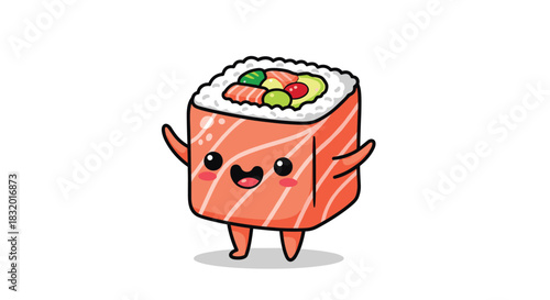 Cute and happy salmon sushi roll character with arms and legs waving cheerfully in a fun kawaii cartoon illustration style.