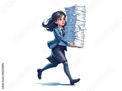 Cartoon Woman Running with Stack of Papers Illustration.