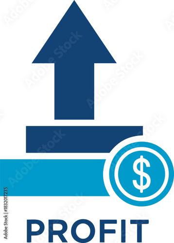 Credit and mortgage icon vector blue arrow pointing upwards on steps with a dollar coin and the word profit underneath it all