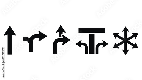 Illustration showing five different black directional arrows on white