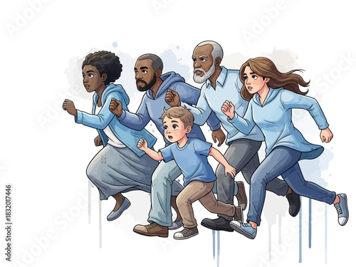 Diverse Family Running Together with Determination and Unity.