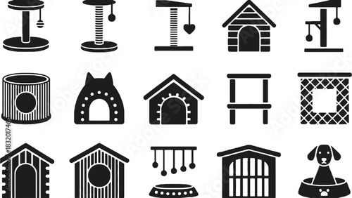 Black and white vector icons of pet supplies and pet houses isolated