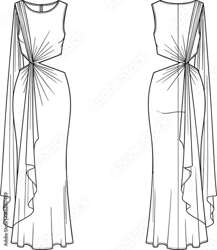 Evening gown sketch, sleeveless design, gathered waist, draped panel, front and back view, fashion illustration, elegant silhouette