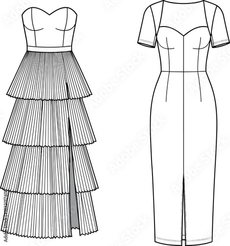 Fashion dress sketch, two styles, sweetheart neckline, pleated gown, fitted midi dress, slit detail, apparel illustration
