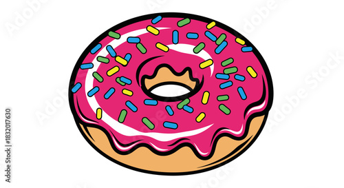 Craving a sweet treat? Indulge in this vibrant donut with pink frosting and colorful sprinkles, perfect for food lovers and playful designs