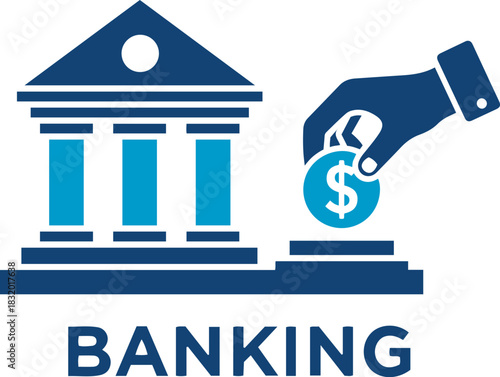 Credit and mortgage icon vector illustration depicting a hand placing a coin with a dollar sign into a bank building structure with banking text