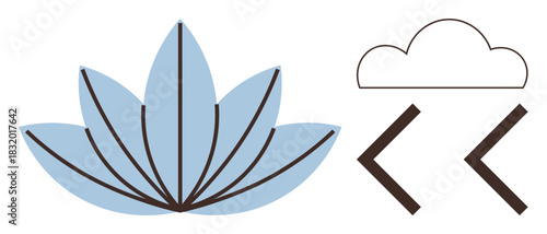 Light blue lotus flower and simple cloud outline above angled brackets evoke themes of nature, mindfulness, coding, simplicity, innovation, digital harmony, and balance. Ideal for a simple flat