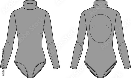 Fashion bodysuit sketch, turtleneck design, long sleeves, back cutout, front and back view, garment illustration, stylish silhouette