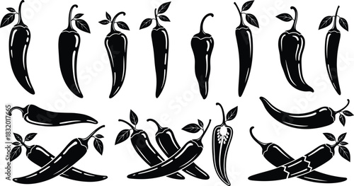 Vector illustration of 18 chili pepper designs—culinary, botanical, and artistic reference for food icons, spicy ingredients, garden, and kitchen decor