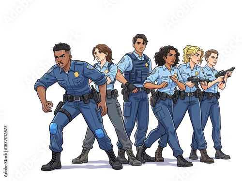 Dynamic Police Squad Illustration Ready for Action.