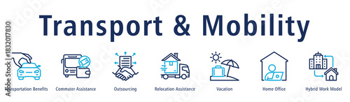 Transport & Mobility Web Banner Duotone Outline icon vector illustration concept with icon of transportation benefits, commuter assistance, outsourcing, relocation assistance, vacation and home office