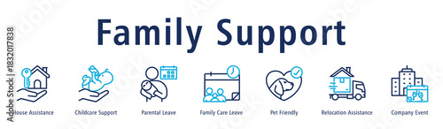 Family Support Web Banner Duotone Outline icon vector illustration concept with icon of house assistance, childcare support, parental leave, family care leave, pet friendly and relocation assistance