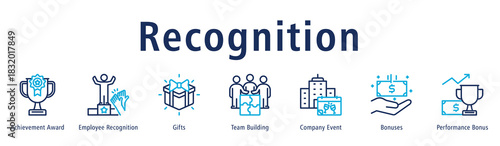 Recognition Web Banner Duotone Outline icon vector illustration concept with icon of achievement award, employee recognition, gifts, team building, company event and bonuses