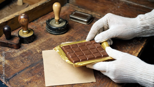 Gloved hands gently slide a chocolate bar into a printed paper sleeve, amidst a cozy workspace with wooden surfaces, stamps, and a soft, warm glow