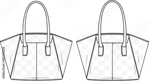 Handbag sketch, structured trapezoid shape, dual handle design, stitching detail, front view, CAD streetwear flat vector illustration