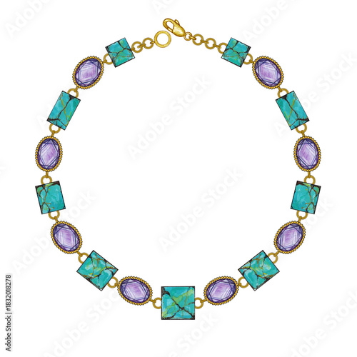 Jewelry design modern art gold necklace with turquoise and amethyst by hand drawn.