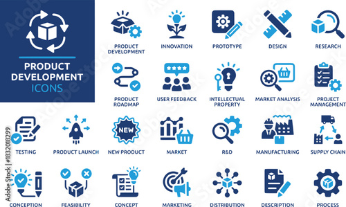 product development, innovation, research, design, prototype, testing, launch, market, manufacturing, supply chain, concept, feasibility, process, idea, business, graphic, icon, symbol, set, collectio