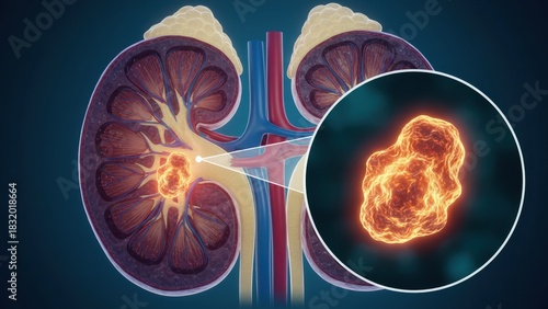 A cross section kidney with glowing lesion and magnified inset showing inner tissue detail, kidney stone, ureter, urine bladder