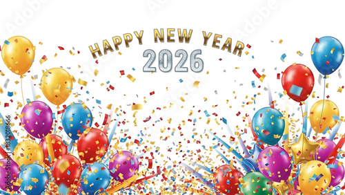 Happy New Year 2026 celebration with vibrant balloons and confetti.