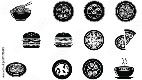 Black and white food icons including sushi pizza and burger images set