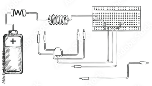 Circuit diagram featuring battery resistor coil and breadboard wiring