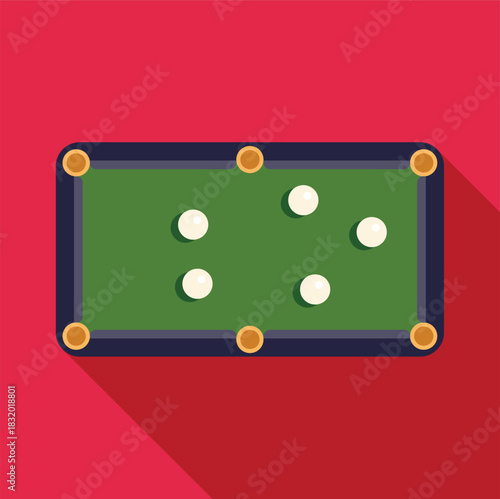 Billiard table with five white balls ready for a game, presented in a modern flat style