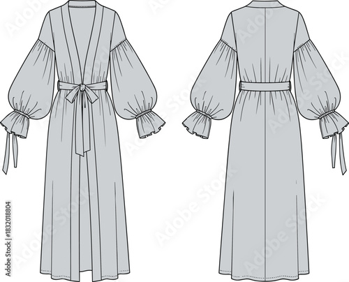 Long dress front and back view, V-neckline, bishop sleeves, belted waist, fashion sketch, garment design, vector illustration