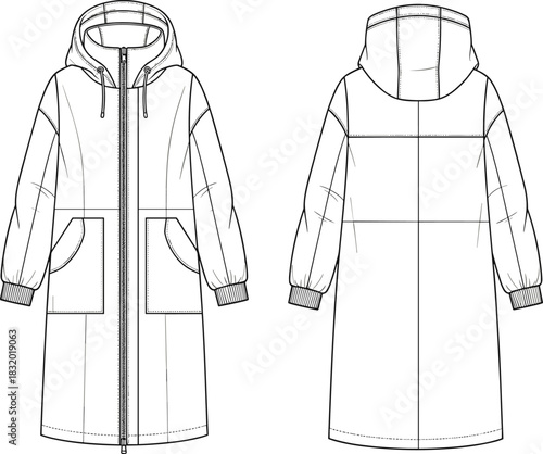 Long hooded coat sketch, front zipper, patch pockets, ribbed cuffs, drawstring hood, front and back view, CAD streetwear flat vector illustration