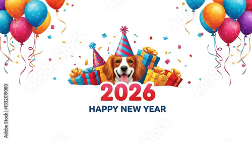 Happy New Year 2026 with a festive dog and colorful balloons