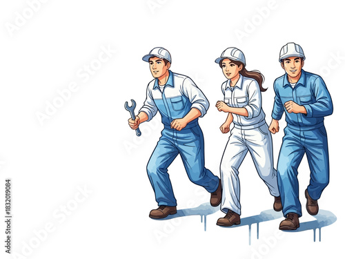 Team of Workers Rushing to Fix a Problem.