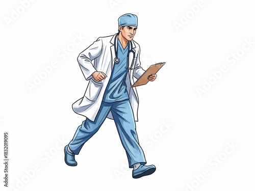 Urgent Care Doctor Rushing with Clipboard in Hand.