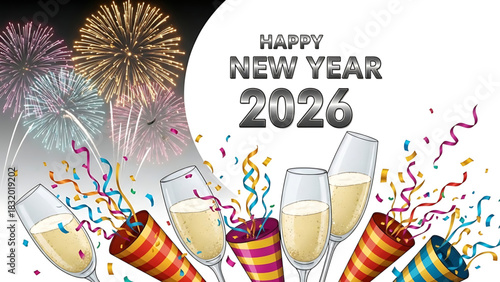 Festive 2026 New Year celebration with champagne and fireworks display