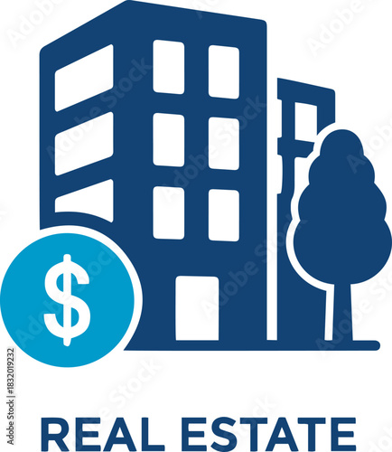 Credit and mortgage icon vector illustration of a building with a tree and a dollar sign representing real estate investment concept