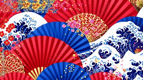 Decorative Fan Design with Floral and Wave Patterns